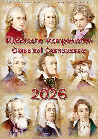 A composers calendar presents nine composers in watercolor style, divided into nine rectangles. At the top is the title in red lettering, below is the year, also in red.