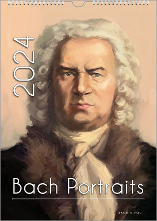 Bach by an unknown historical painter. He is wearing a fur coat and a large scarf around his neck. The year is at the top left. At the bottom is the title: Bach Portaits.