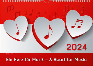 A music calendar in landscape format in the Bach Shop. Three horizontal fields. The top and bottom are red, in the middle there is a gray field. Three hearts with notes are next to each other. At the bottom is the year in red and the title in white.