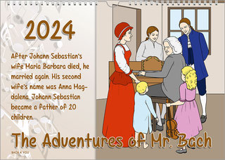 The English version of the Bach calendar in the Bach shop. On the right are the Bachs, a child's drawing is colored in. On the left is the year, below that a text about this stage of his life, below that the title.