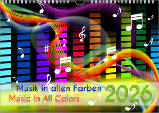 A music calendar for young music fans. Colorful is a sound studio mixing desk, symbolized with many colors and white notes. It is in landscape format. At the bottom, also colorful, is the title and the huge year.
