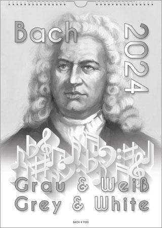 A Bach calendar in portrait format. It is kept in black and white shades of gray. The portrait is by an unknown, historical painter. At the top left is the word "Bach", at the top right, vertically, is the year. The title is at the bottom.