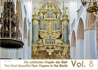 80 percent of the image is the pipe organ calendar title page. At the bottom is a white, narrow, wide field. The title and volume number of the calendar are written there.