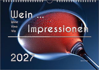 Wein-Impressionen is the title of this wine calendar. A wine glass with red wine is photographed diagonally upwards against a dark blue background. Below the title is a horizontal, thin line, with the year in very large letters underneath.