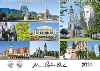 A Bach calendar in the Bach shop, it is a landscape format. There are photos of Leipzig in seven different sized fields. At the top right is a black and white portrait of Bach in shadowy form. The seal, signature and year are at the bottom.