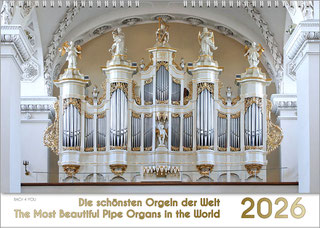 A pipe organ calendar. At the bottom, on about 20 percent of the surface, is a huge number of the year on the right. On the left is the title: Die schönsten Orgel der Welt ... The Most Beautiful Pipe Organs in the World.