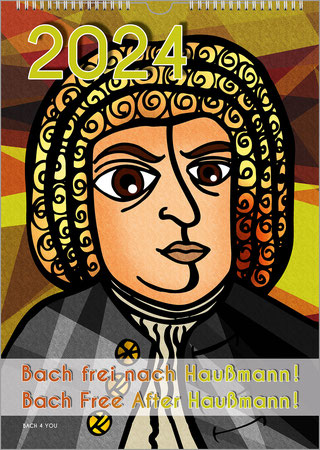 A portrait format calendar: Bach in Picasso style. One of the young Bach calendars in the Bach shop. The picture has a yellow/orange touch, the year is printed at the top and the title at the bottom.