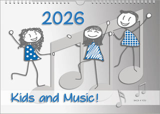 A music calendar for kids from the Bach Publishing House. Three stick figures are having fun. Behind them is a huge, gray note. At the top, in the middle, is the year, at the bottom is the title in two languages.