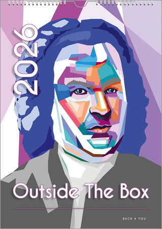 A Bach calendar for lateral thinkers. Haußmann's portrait of Bach has been graphically altered quite dramatically. Colorful fields and a colorful background. On the left is the appropriate year in huge upright figures.