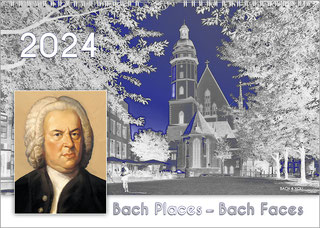 The Bach calendar consists of two areas. The top 80 % is a solarization of St. Thomas Church in blue and gray. On the left is a motif of Bach in a rectangle. At the top left is the year, at the bottom the title.
