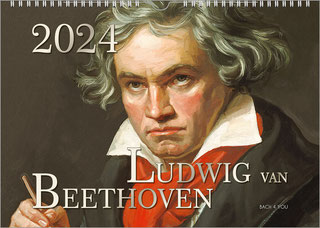 A composer calendar: This portrait is based on one of the famous paintings. Beethoven looks past the viewer. At the top left is a huge year, at the bottom is the title "Ludwig van Beethoven" in two font sizes.