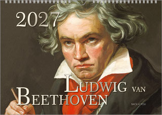 A composer calendar: This portrait is based on one of the famous paintings. Beethoven looks past the viewer. At the top left is a huge year, at the bottom is the title "Ludwig van Beethoven" in two font sizes.