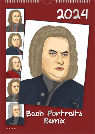 On this Bach calendar, the Bach portrait in a young style is on the right. On the left are four further portraits of the composer in smaller fields one above the other. The year is at the top right and the calendar title at the bottom.