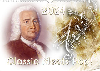 On the left half of a Bach calendar title page is Bach's portrait. On the right are notes and a clef in white on a golden watercolor background.