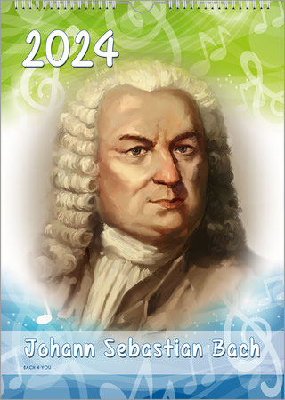 The Bach calendar in the Bach Shop: Bach painted by a historically unknown painter. There are light green graphic style elements in the background at the top and light blue at the bottom. At the top left is the year, at the bottom the title of the Bach ca
