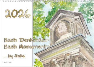 A Bach calendar: In the right two thirds it is a watercolor of the Old Bach Monument, seen against the sky and trees. On the left is the year and the title on a white background.