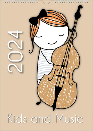 A portrait format music calendar for kids. A girl, drawn quite simply, is playing the bass. The background is very light brown. The year is upright on the left. The title is at the bottom center.