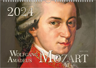 A composer calendar: Mozart is realistically modeled after one of the most famous Mozart paintings. He is looking at the viewer. At the top is the year in huge letters and "Wolfgang Amadeus Mozart" in two font sizes.
