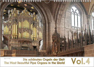 The picture of a pipe organ fills almost the entire image. The top 80% is a photo, the rest at the bottom is a white field with the organ calendar title on the left and the volume number on the right.