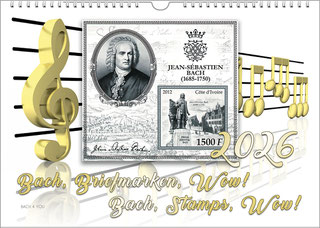 A landscape format calendar, a Bach calendar. On a white background are golden musical lines and notes, as well as the year and the title of the calendar. In the upper two thirds of the title page is a block of stamps on the theme of Bach.