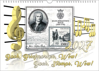 A landscape format calendar, a Bach calendar. On a white background are golden musical lines and notes, as well as the year and the title of the calendar. In the upper two thirds of the title page is a block of stamps on the theme of Bach.