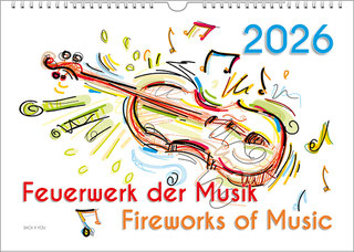 A violin and colorful notes together form a great, painted music collage. At the top right is the year in large letters and at the bottom, also in color, is the title.