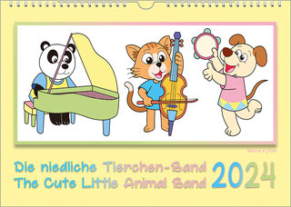 A landscape-format music calendar for children: Three cute little painted animals play music in a white inner field. In the light yellow outer field is the title at the bottom left and the year at the bottom right.
