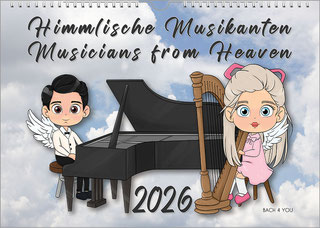 A music calendar: an angel orchestra with the angels of Wendt & Kühn. Photographed against a white background and underground. With shadows and mirrors. At the top right is a large year, at the top left it says "Himmlische Musikanten - Musicians From Heav