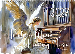 A music calendar: an angel orchestra with the angels of Wendt & Kühn. Photographed against a white background and underground. With shadows and mirrors. At the top right is a large year, at the top left it says "Himmlische Musikanten - Musicians From Heav