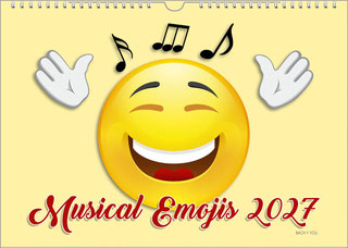 A music calendar in the Bach Shop. A landscape format. A big yellow emoji is happy and raises his arms. At the top are three black notes. Below is the title and the year in red. Everything is in light yellow.