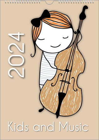 A music calendar for children. A cute stick figure plays the bass. Everything is in shades of brown. On the left, upright, is the year, below, in the middle, is the title.