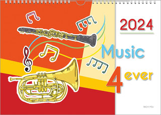 A vintage music instrument calendar: On the left is a multicolored background, the right third is white. On the left you can see instruments and notes, on the right the year at the top, below the title.