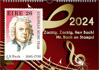 A Bach stamp landscape format calendar in the Bachshop. On the left is the stamp with the Bach portrait. On the right are musical graphic elements, the large year and the title in gold on dark red.