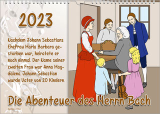 There is a calendar on the subject of the Bach Coloring Book in the Bach Shop. In landscape format. In the right half of the picture, the Bachs are colored in a children's drawing. In the left half there is a large year at the top, with a text and the tit