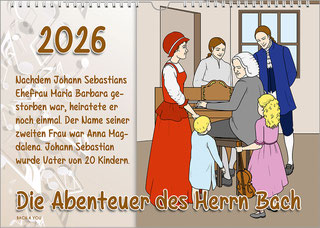 There is a calendar on the subject of the Bach Coloring Book in the Bach Shop. In landscape format. In the right half of the picture, the Bachs are colored in a children's drawing. In the left half there is a large year at the top, with a text and the tit