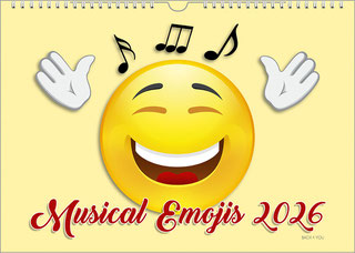 A large yellow emoji smiles in the picture. The white hands, stretched upwards, can also be seen on a light yellow background and three black notes above the figure. The title and the year are in red at the bottom.