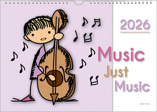 A music calendar for kids in landscape format. For sale in the Bach Shop. On the left is a painted little man with a bass. There are small black notes on a purple background. On the right, third in white, is the year at the top and the calendar title belo