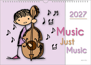 A music calendar for kids in landscape format. For sale in the Bach Shop. On the left is a painted little man with a bass. There are small black notes on a purple background. On the right, third in white, is the year at the top and the calendar title belo