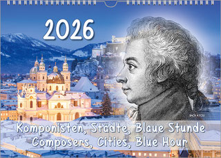 Salzburg in the evening and covered in snow is depicted in a landscape format on a composers calendar. At the top left is a huge year, at the bottom is the title, and the young Mozart fills the entire right half of the picture as a wood engraving.