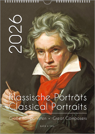 Certainly, the most famous Beethoven portrait adorns the composers calendar. It is an oil painting based on the original. The year is written upright at the top left, with the title, a line and a subtitle at the bottom.