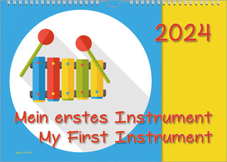 A music calendar for kids in landscape format. It is available in the Bach Shop. On the left is a simple-painted xylophone on a white round background, at the top right is the year. At the bottom center is the calendar title.