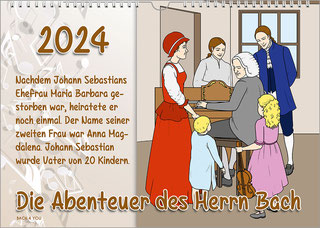 A music calendar in landscape format for kids. On the right is a simple painting of the Bach family around the father at the piano. In the left half are the title at the top, below that a sentence about Bach's life, below that the title.