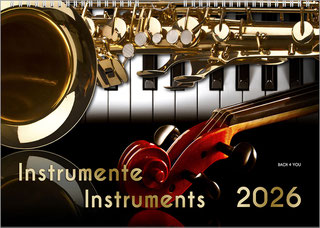 This landscape-format music calendar is a collage of photos. You can see various musical instruments assembled into a collage on a black background. The title is at the bottom left and the year at the bottom right.