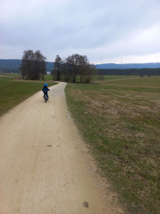 Kind fährt mit dem Fahrrad auf Schotterweg, ist nur von hinten zu sehen. Bäume und grüne Wiesen.