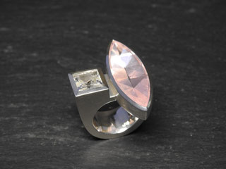 Bild:Ring,Statementring,Silber925,Rosenquarz,Bergkristall,Unikat