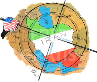 Illustration of a map of Iran with a bullseye hovering over it held my a hand with the US flag painted on it.