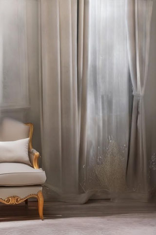 Elegant room with a cream-colored armchair and heavy, softly draped curtains in warm light. The scene feels calm, soft and luxurious.