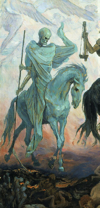 Le quatrième sceau est ouvert, le 4ème cavalier de l'Apocalypse est "la Mort", il chevauche un cheval verdâtre. Le quart de la terre mourra de l'épée, de la famine, de la peste ou par les bêtes sauvages.