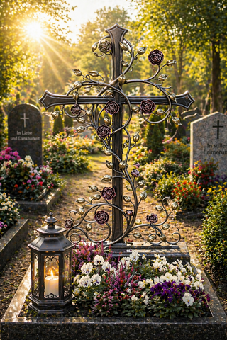 Handgeschmiedetes Grabkreuz aus Metall mit Rosenornamenten, individuell gefertigt von der Kunstschmiede Welsch