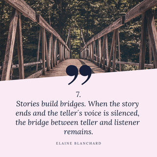 Zitat Storytelling: Stories build bridges. When the story ends and the teller´s voice is silenced, the bridge between teller ans listener remains. Elaine Blanchard